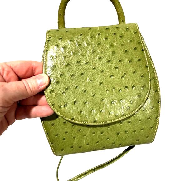 Green faux ostrich leather evening bag unique 2-way purse satchel box style - Picture 5 of 9